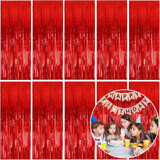 10 Pack Foil Curtain Backdrop Red Metallic Tinsel Foil Fringe Curtains Photo Booth Props for Birthday Wedding Engagement Baby Shower Bachelorette Christmas Holiday Celebration Party Decorations