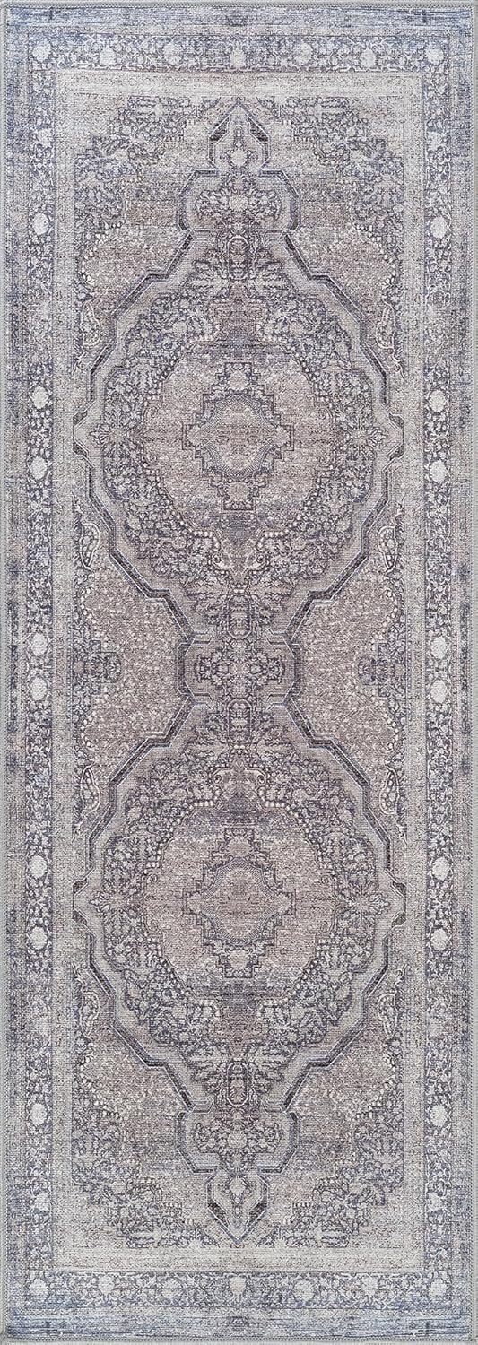 Bloom Rugs Washable Non-Slip 7 ft Runner - Blue/Steel Gray/Beige Traditional Medallion Runner for Entryway, Hallway, Bathroom, and Kitchen - Exact Size: 2.5' x 7'