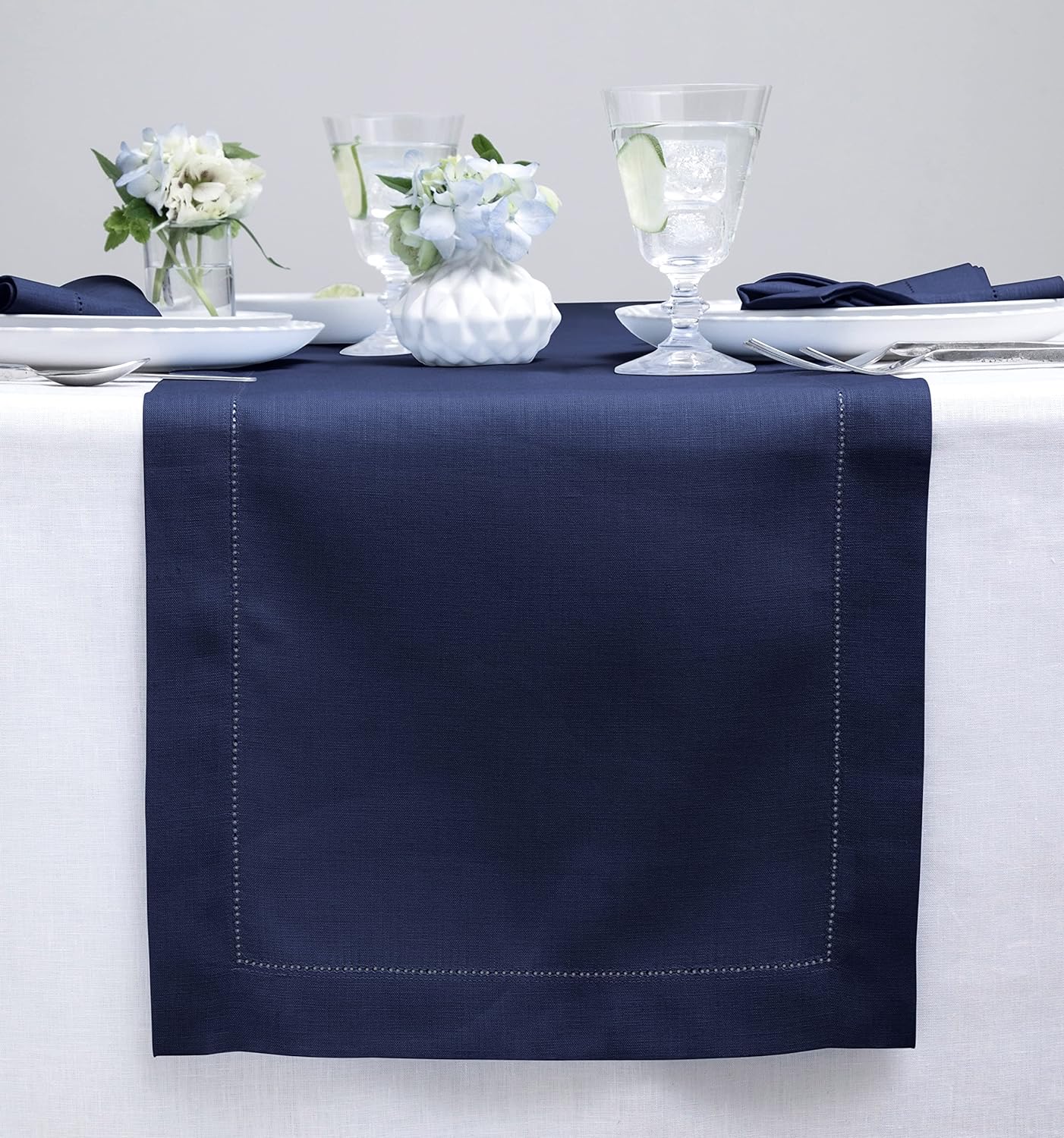 Solino Home Linen Navy Blue Table Runner 144 Inches Long - 100% Pure Linen Extra Long Table Runner 14 x 144 Inch for Fall, Autumn, Thanksgiving, Christmas - Classic Hemstitch