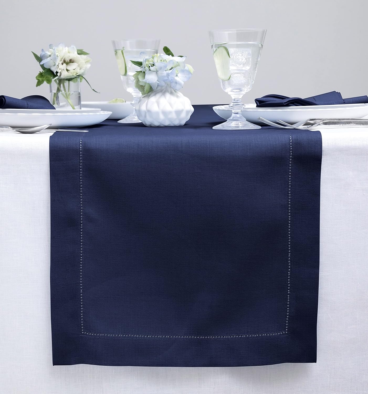 Solino Home Linen Navy Blue Table Runner 108 Inches Long - 100% Pure Linen 14 x 108 Inch Table Runner for Fall, Autumn, Thanksgiving, Christmas - Classic Hemstitch