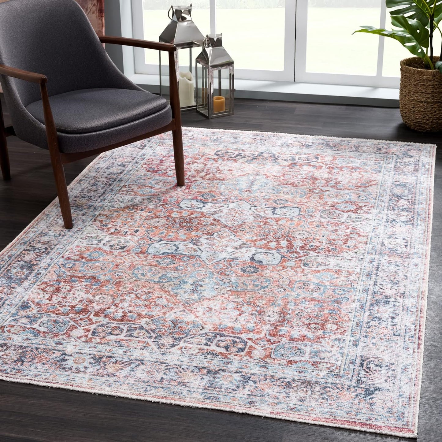 Bloom Rugs Caria Washable Non-Slip 6x9 Rug - Brick/Dark Blue Traditional Area Rug for Living Room, Bedroom, Dining Room, and Kitchen - Exact Size: 6' x 9'