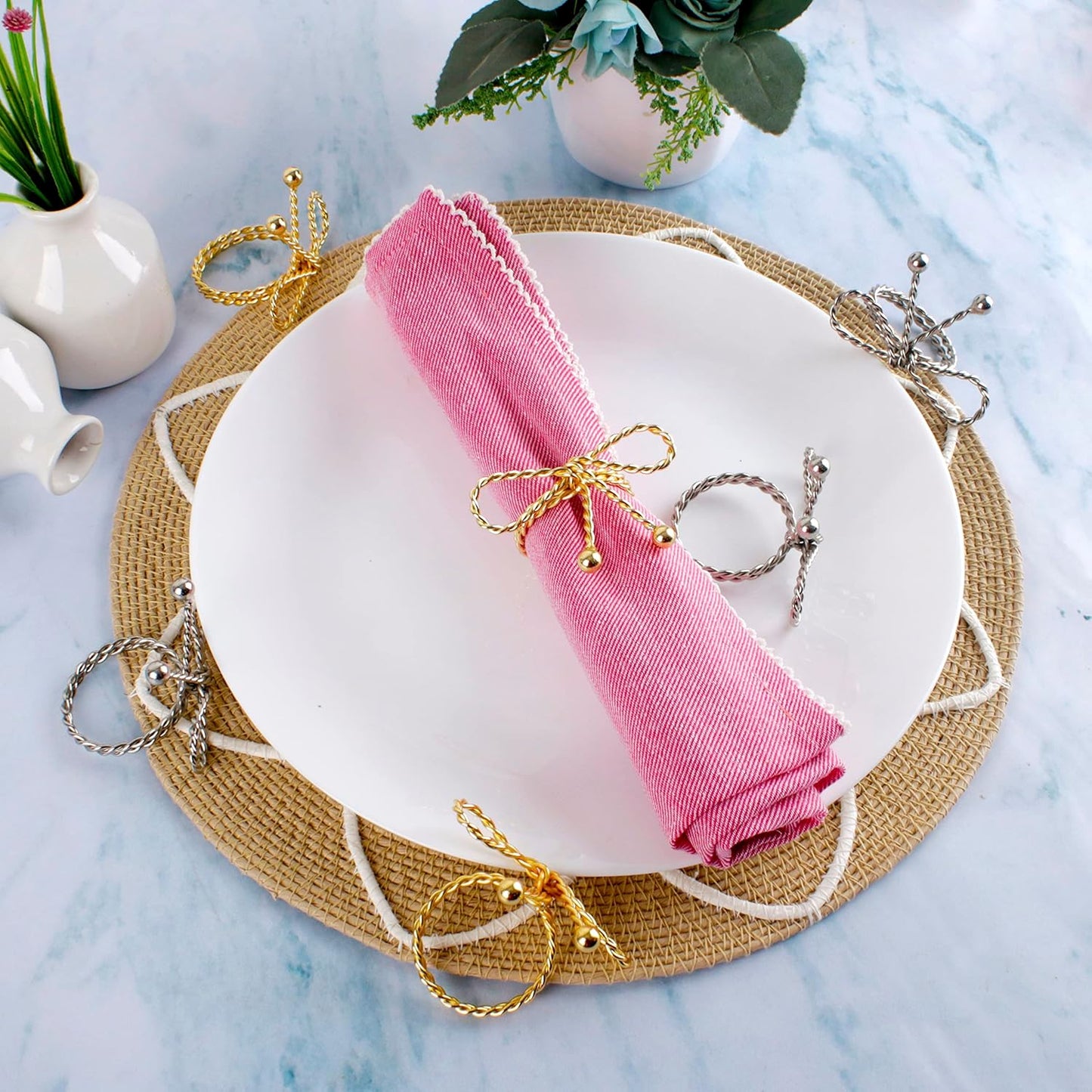 Napkin Rings Set of 12, Holiday Napkin Holders, Metal Napkin Rings for Safari Theme Table Décor Handmade for Holiday, Weddings, Receptions, Banquets, Events, Bow Shape, Gold - ALPHA Living HOME