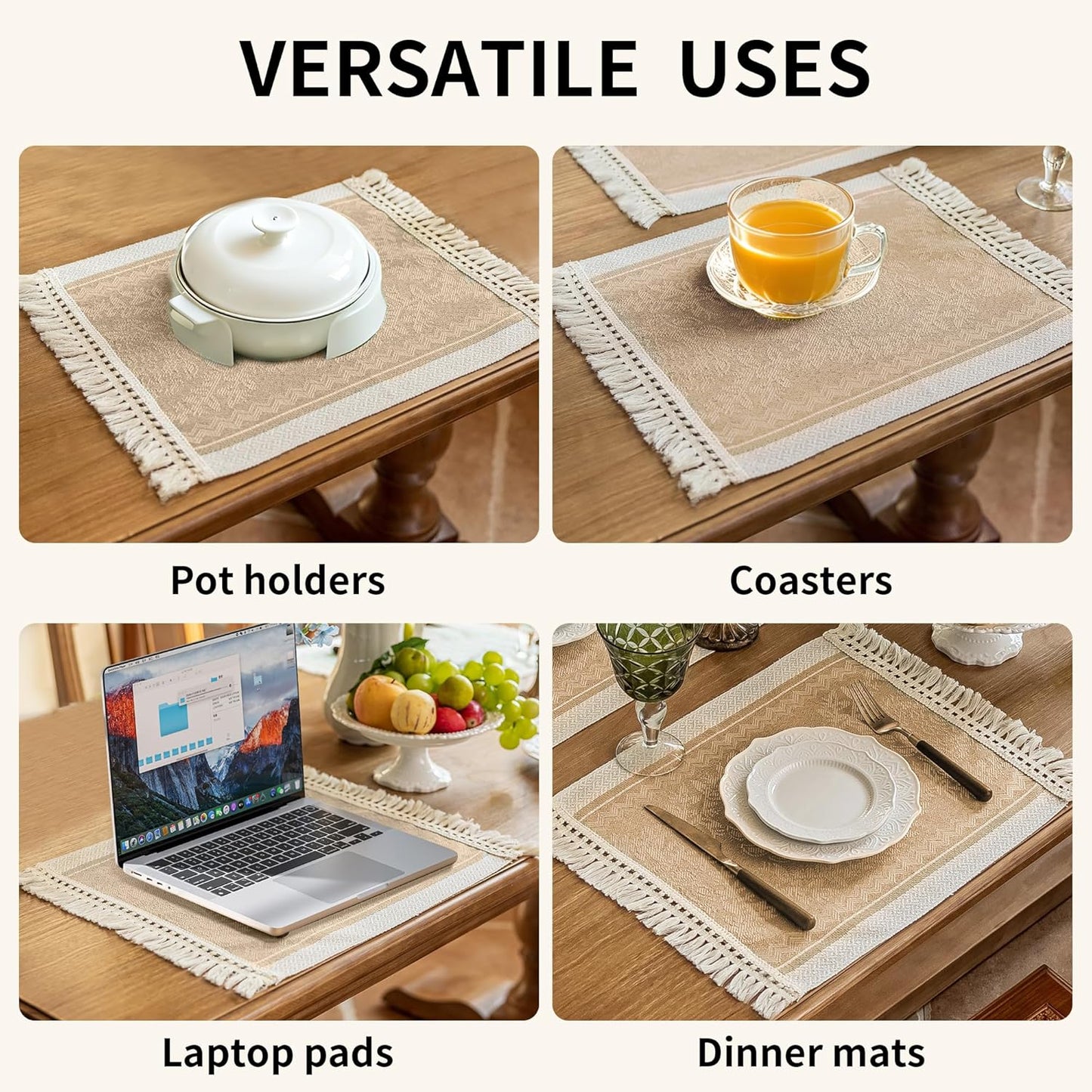 Placemats Set of 4,Waterproof Placemat with Tassel Fringe,Boho Placemats for Coffee Table Western Restaurant