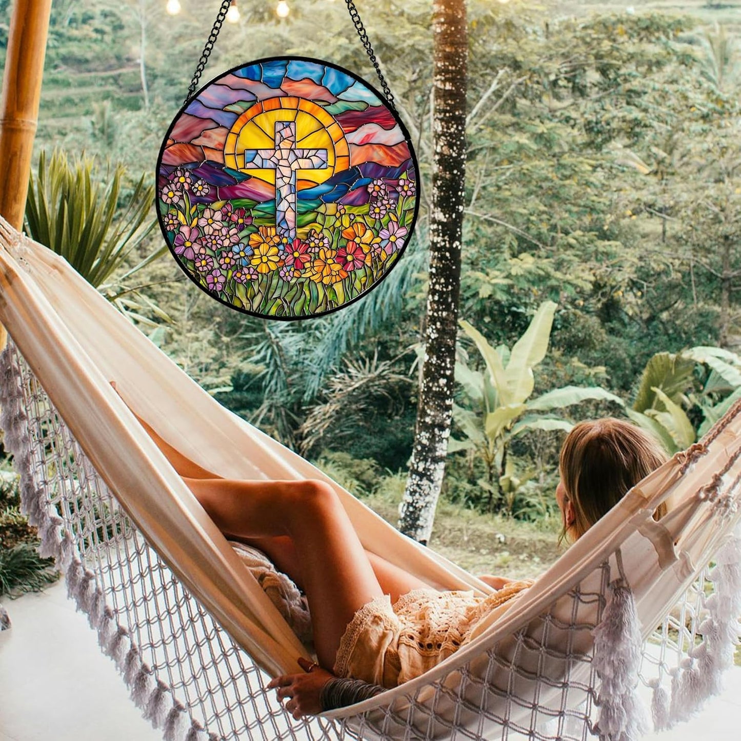 Stained Glass Window Hanging - Cross Flower Sea Sun Catcher for Door Terrace Garden Home Decor, Mountains Landscape Suncatcher Birthday Gifts for Lovers Women Men Dad Mom Nana 9.8 in