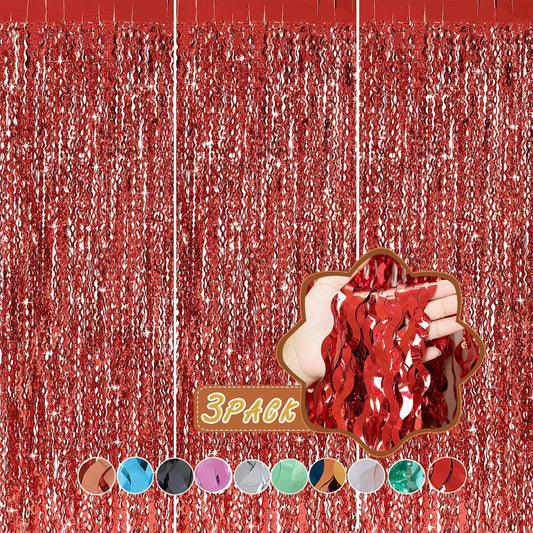 3 Pack Red Aluminium Foil Curtains, 3.3ft x 6.6ft, Wavy Shape, for Party Decorations & Photo Background