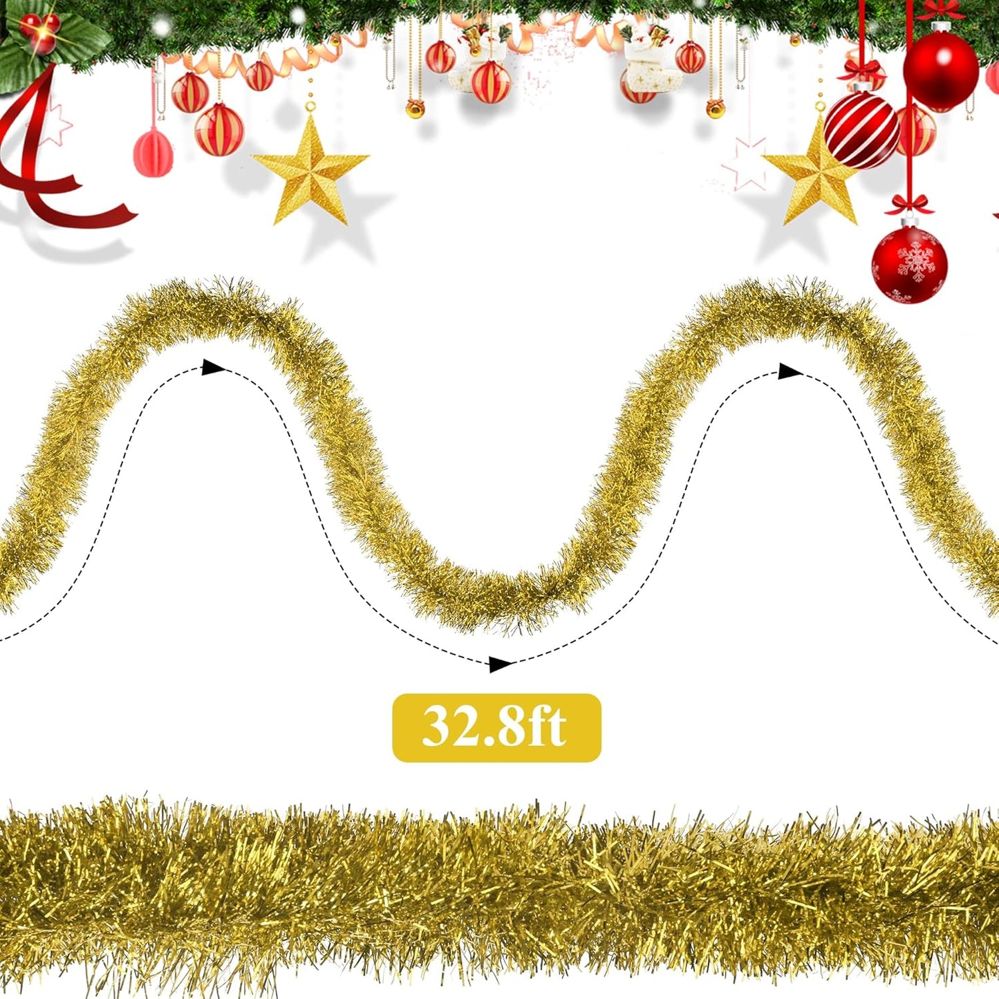 32.8 Ft Gold Christmas Tinsel Garland Metallic Shiny Tassle Banner Wall Hanging Tinsel Streamers Backdrop for Christmas Holiday Birthday Party Supplies Indoor Outdoor Ornaments Home Decor