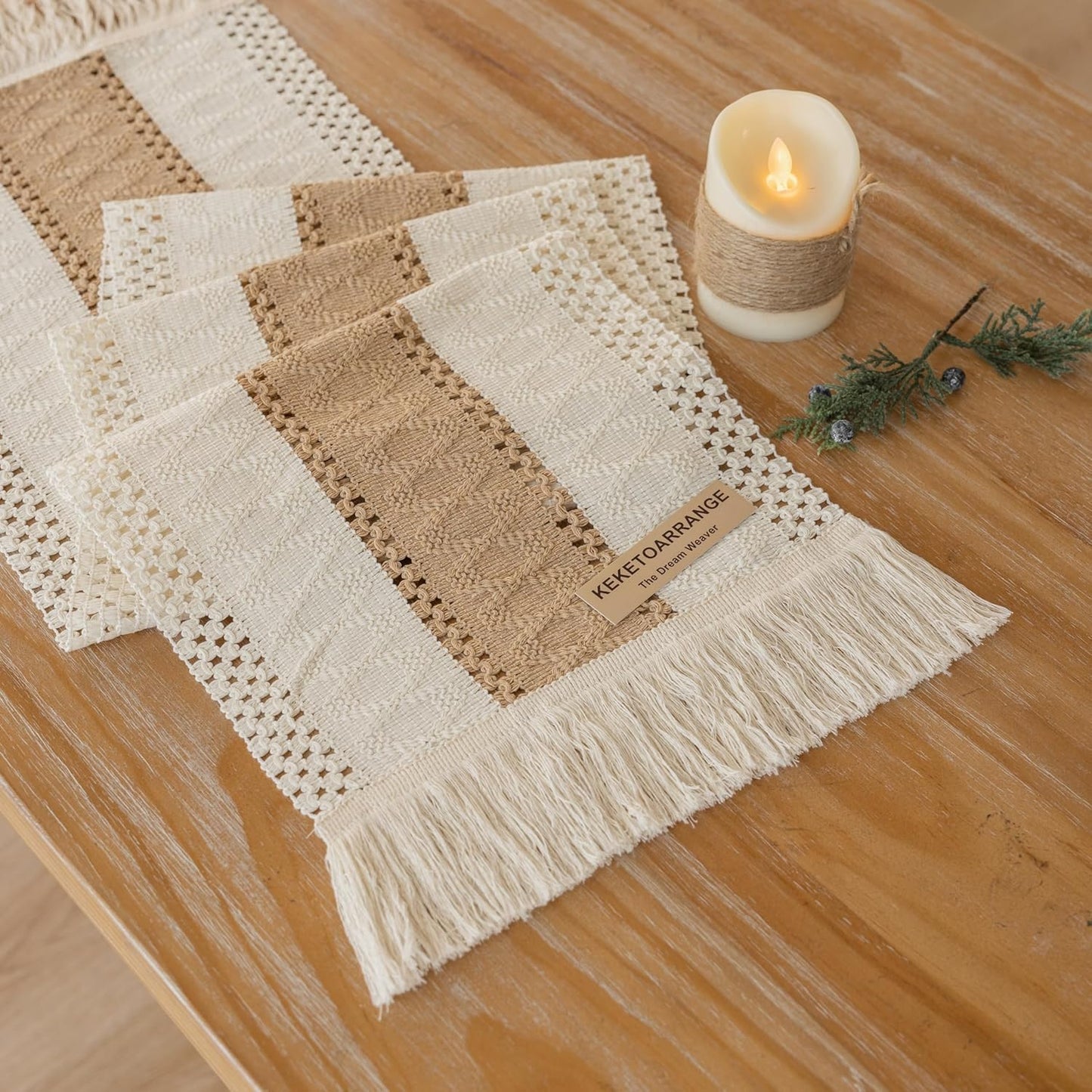 Keketo Boho Table Runner Cream Beige Brown for Home Decor 12x72 Inches Farmhouse Macrame Burlap Jute Rustic Dining Kitchen Centerpiece Bohemian Decor French Country Bridal Shower Decorations