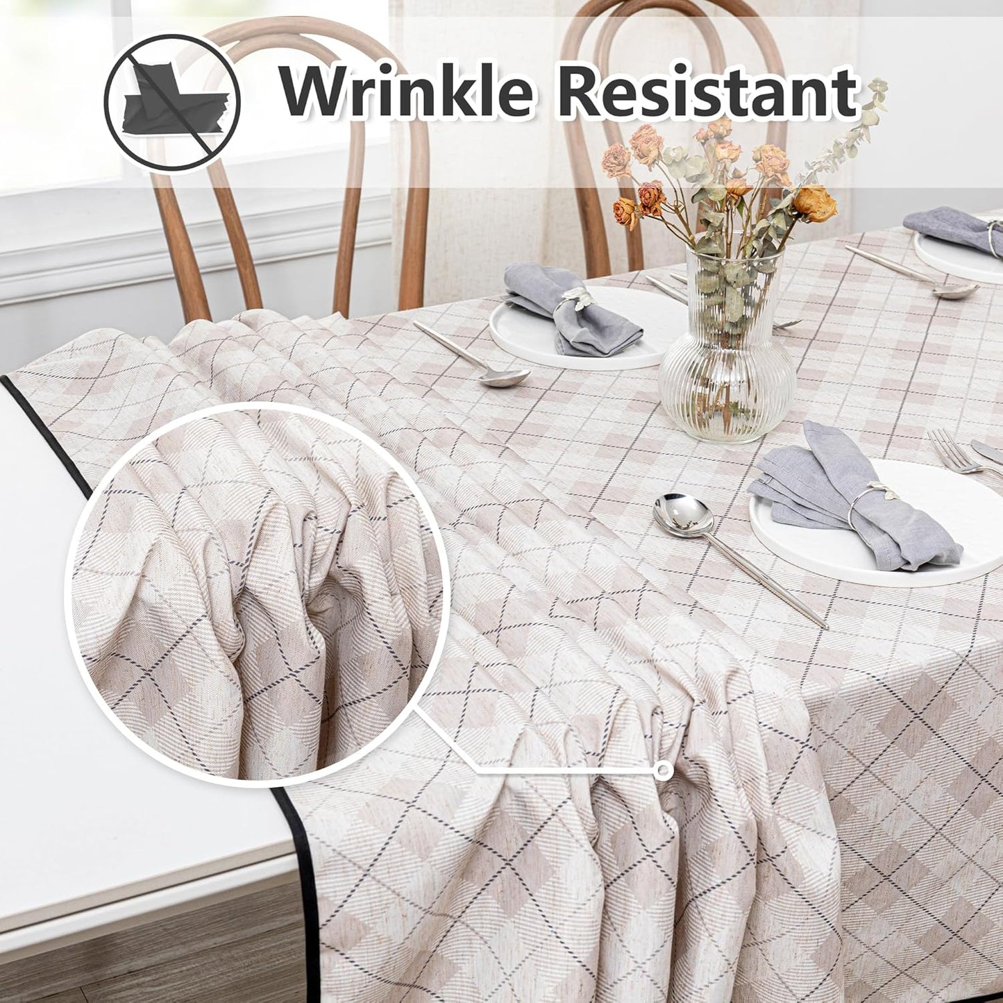 MYSKY HOME Table Cloth 60x102 in Rectangle, Heavy Duty Linen Look Waterproof Tablecloths Farmhouse Tablecloth, Wrinkle Free Table Cover with Black Plaid for Kitchen Dining, Party