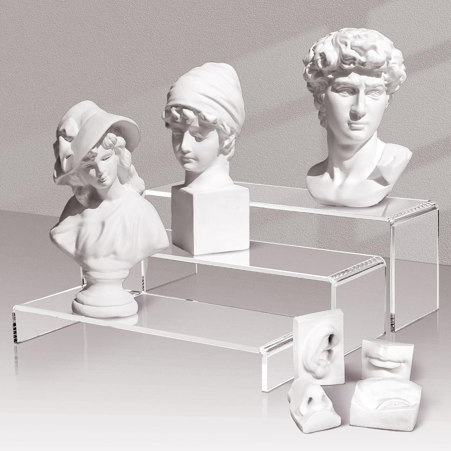 2 Set Large Acrylic Clear Display Risers, 3 Sizes 12" Rectangular Showcase Collectibles Display Shelf, 5mm Thick Desktop Display Stand Holder for Figures, Jewelry, Perfume, Toys