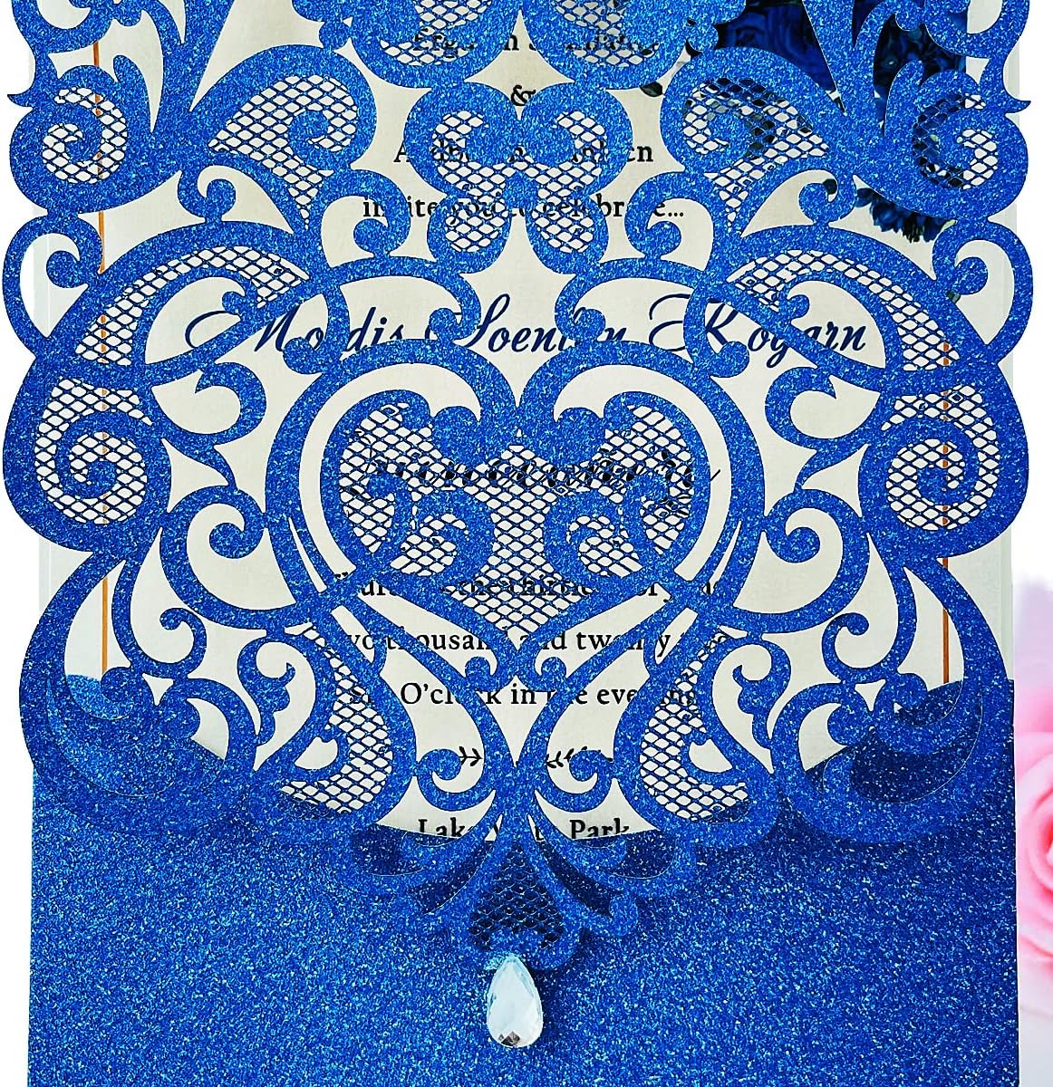 Hosmsua 50PCS Wedding Invitations Cards 5 x 7.3 Inch Laser Cut Hollow Rose Invitation with Rhinestone for Bridal Shower Engagement Quinceañera (Royal Blue Glitter)