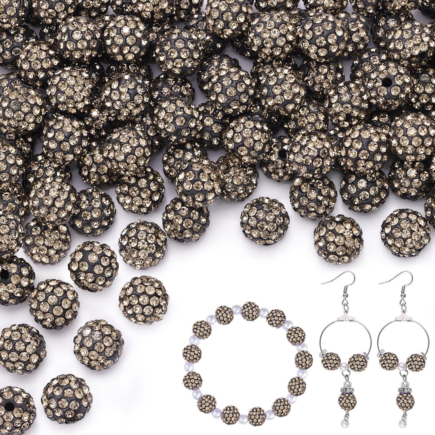 200pcs 10mm Gray Rhinestone Beads for Jewelry Making, Shiny Round Shamballa Disco Ball Beads Bulk, Sparkle Crystal Clay Christmas for Bracelet Baseball Necklace Earring Crafting and DIY