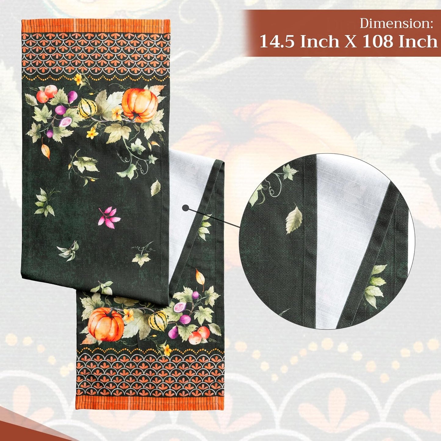 Maison d' Hermine Table Runner 100% Cotton Single Layer Table Runners 108 inches Long for Thanksgiving Christmas Decorations Home Kitchen Dining Wedding (Pumpkin Garden - Dark Green, 14.5" x 108")