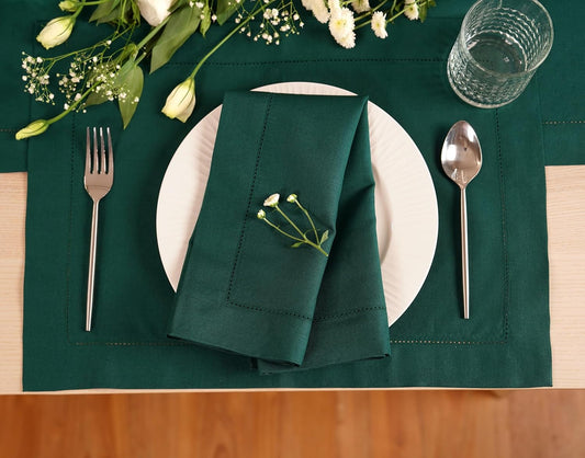 100% Pure Linen Green Placemats 14 x 19 Inch - Hemstitch Christmas Placemat Set of 4 - Cloth Fabric Napkins for Thanksgiving, Winter, New Year - Elara