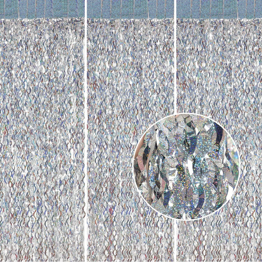 Silver Tinsel Backdrop- CYLMFC 3 Pack 3.3 ft x 6.6 ft Streamer Foil Fringe Curtain for Birthday Party Christmas Graduation Decor