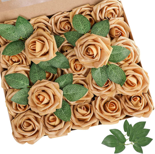 AmyHomie Artificial Flower Gold Rose 25pcs Real Looking Fake Roses w/Stem for DIY Wedding Bouquets Centerpieces Arrangements Party Baby Shower Home Decorations