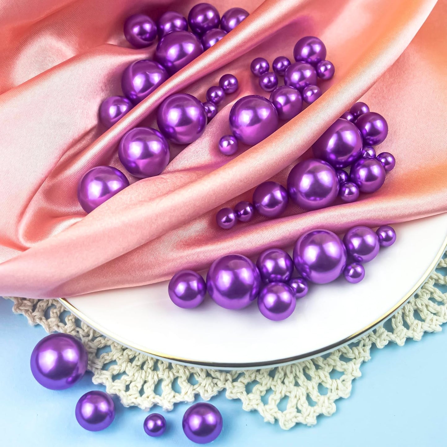 300Pcs Purple Polished No Hole Faux Pearl Beads for Vase Filling Decorations, Plastic Pearls Vase Fillers, Table Scatters, Wedding Centerpiece, Home Decor, 8/14/20 mm
