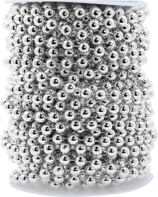 Mandala Crafts 8mm Faux Metallic Silver Pearl Beads Roll - 20 Yards Strand of Fake Pearls Chain Garlands Spool String for Christmas Tree, Wedding, Party, Vases, DIY Decoration