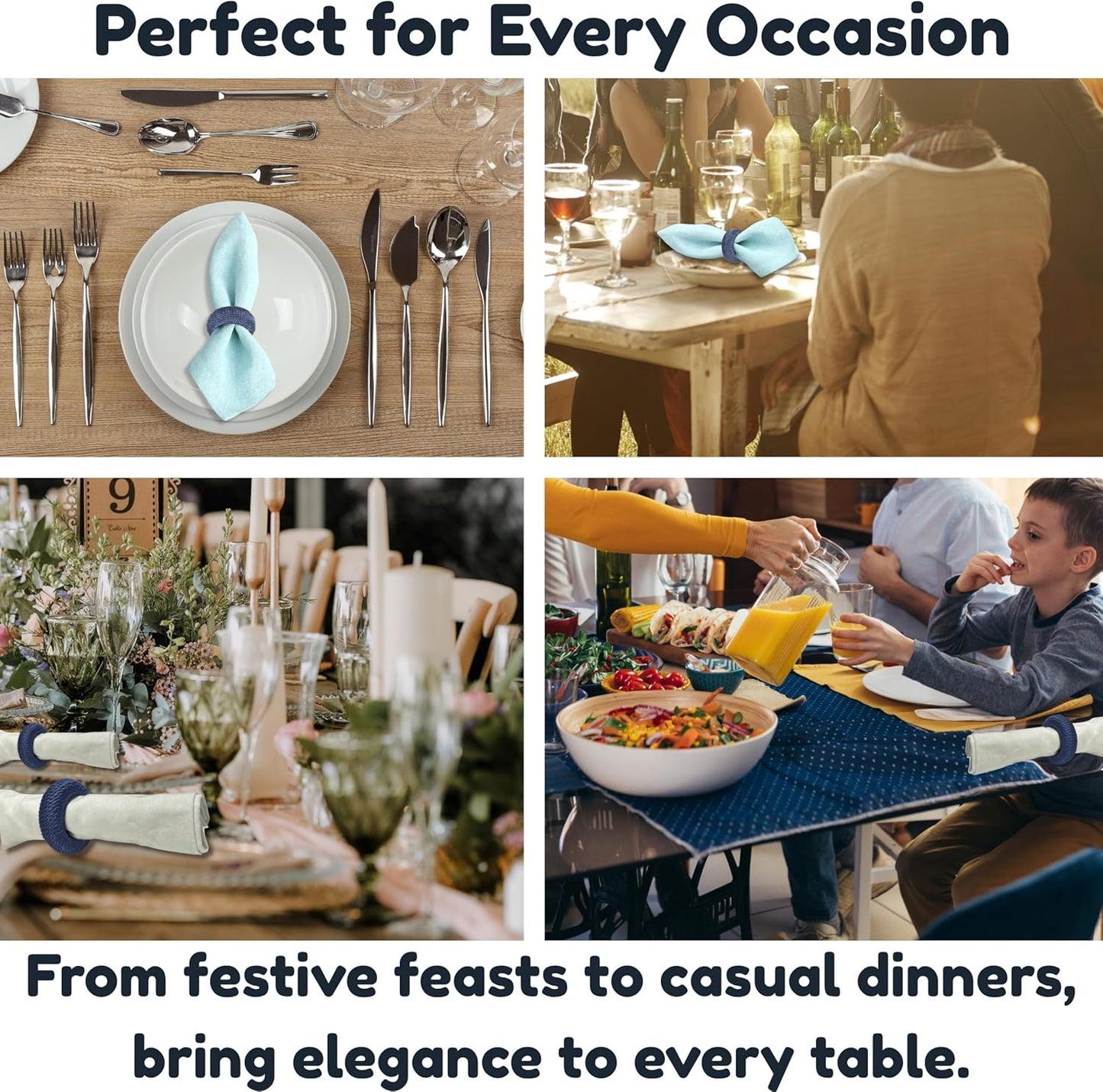 Rustic Napkin Rings Set of 12 - Rayon Napkin Holders for Table Decor, Weddings, Dinner Parties & Everyday Dining - Farmhouse Boho Napkin Rings (Blue) - CLEENTABLE