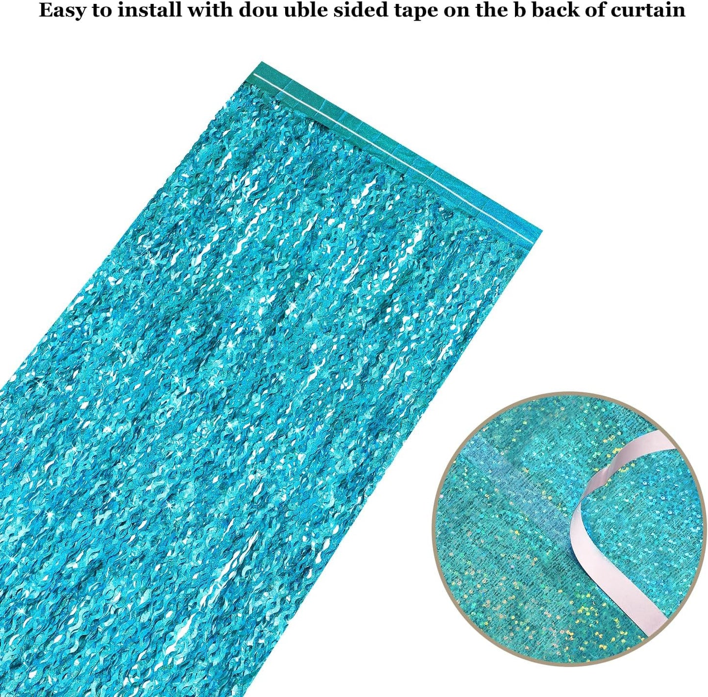 4 Pack Teal Aqua Blue Wavy Foil Fringe Curtains Party Decorations - 3.3 ft x 6.6 ft Sparkle Streamer Tinsel Curtain Party Photo Backdrops for Birthday Party Christmas Graduation Decoration