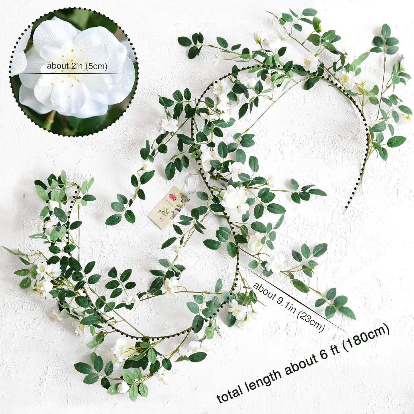 FiveSeasonStuff Bendable Shabby Chic White Flower Garlands, Artificial Silk Wild Roses Vine Leaves Hanging Flowers for Wall Decoration Basket Trellis Wedding Home 2 Pack 12 ft