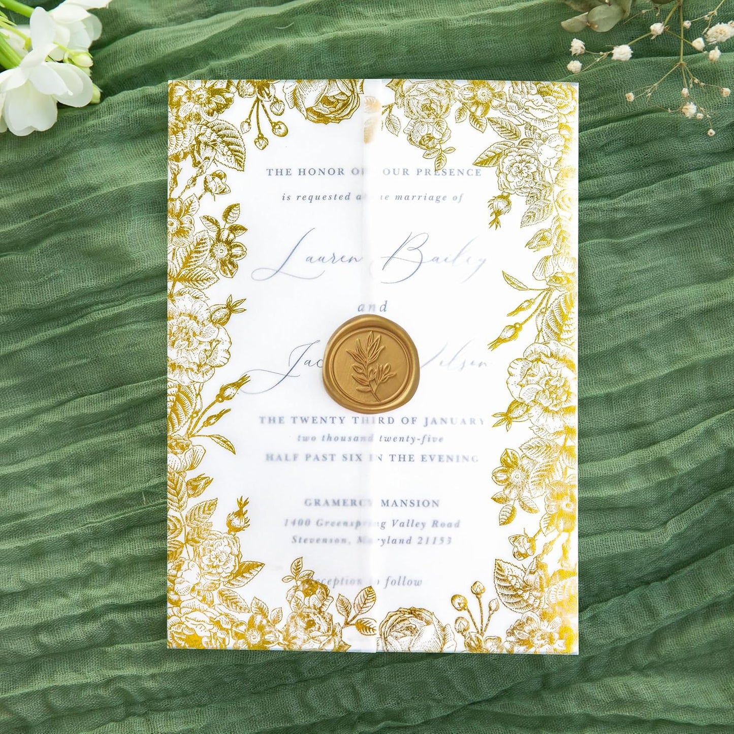 PONATIA 50 PCS Vellum Jackets for 5x7 Wedding Invitation Cards- 135gsm Floral Printed Vellum Sleeves, Invitation Cards Wraps (Champagne Gold Foil)