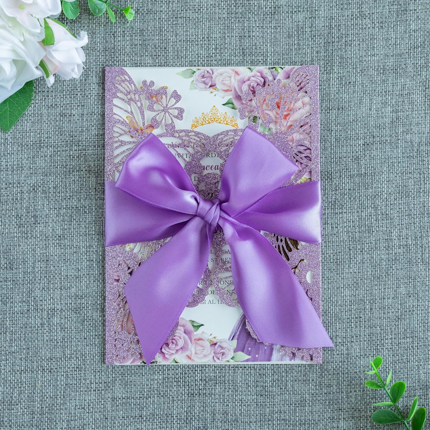 20 PCS 5.12x7.2 Butterfly Quinceanera Invitation, Laser Cut Wedding Invitation Cards with Envelopes for XV Anos Bridal Shower Baby Shower Invite (Purple Glitter)