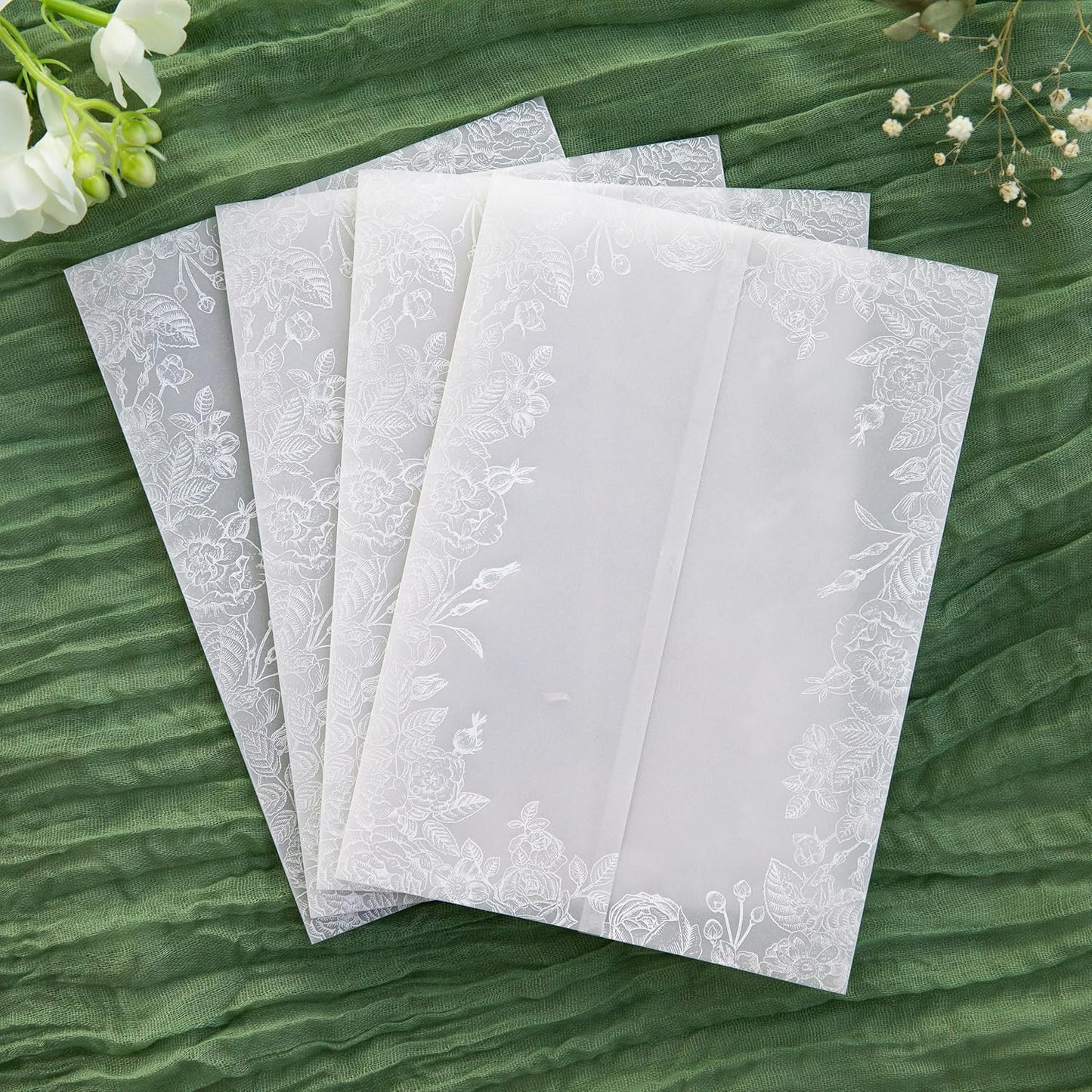 PONATIA 50PCS White Vellum Jackets for 5x7 Invitation Cards- 135GSM White Foil Print Flowers Sleeves, Vellum Paper 5x7 Wraps - Transparent Christmas Gift Cards Jackets