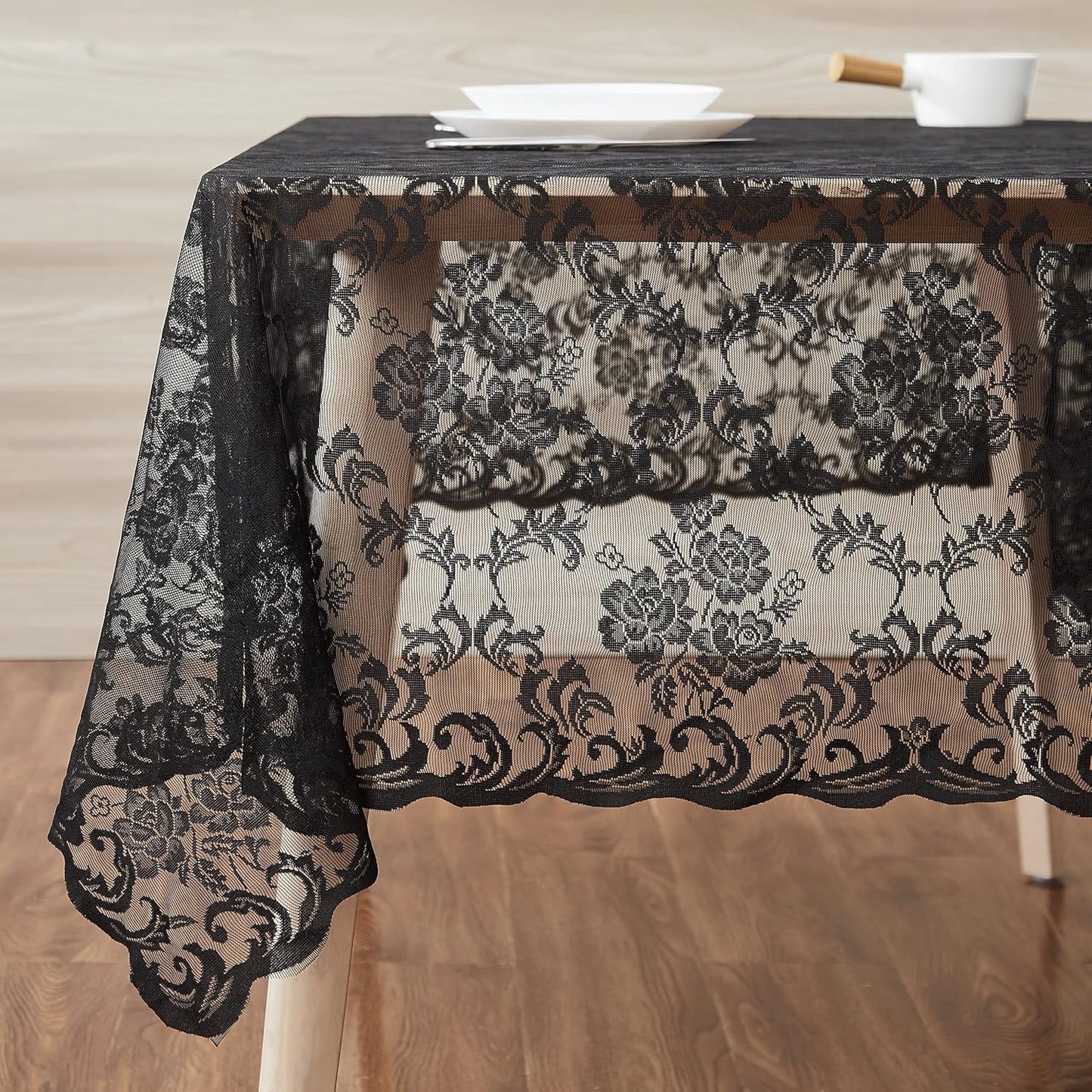 LinenZone Black Rectangle Tablecloth for Rustic Vintage Decor. Sheer Lace Tablecloth Works Great As Wedding Tablecloth, Thanksgiving Tablecloth or Baby Shower Tablecloth (Mia TC 54 x 72, Black)