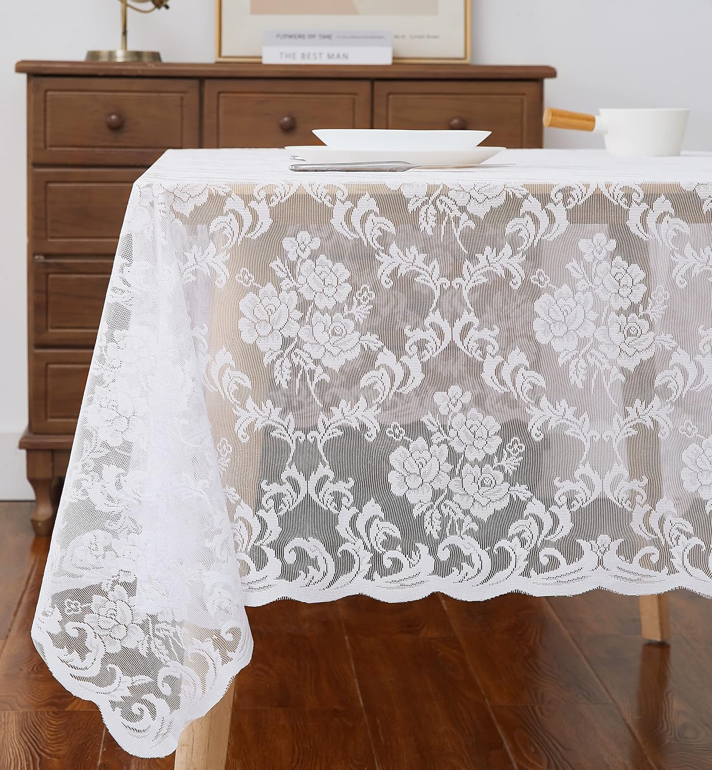 LinenZone White Rectangle Tablecloth for Rustic Vintage Decor. Sheer Lace Works Great As Wedding, Thanksgiving, or Christmas Tablecloth (Mia TC 60 x 144, White)