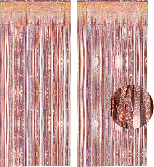 Rose Gold Tinsel Curtain Party Backdrop - GREATRIL Foil Fringe Curtain Streamers for Bachelorette Party Decorations Bride Be Party Streamers 2 Packs (Rose Gold)