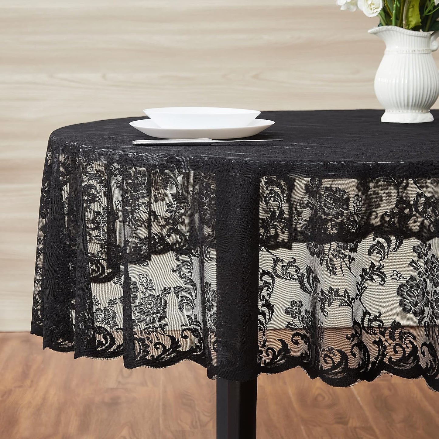 LinenZone Black Oval Tablecloth for Rustic Vintage Decor. Sheer Lace Tablecloth Works Great As Wedding Tablecloth, Thanksgiving Tablecloth or Christmas Tablecloth (Mia Oval 104, Black)