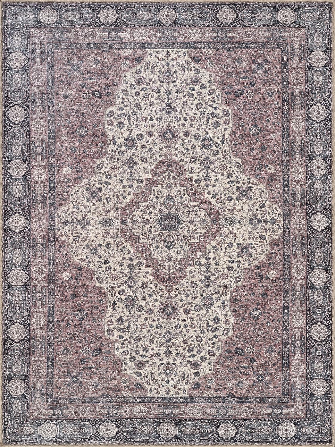 Bloom Rugs Washable Non-Slip 5' x 7' Rug - Cream/Green Traditional Medallion Area Rug for Living Room, Bedroom, Dining Room, and Kitchen - Exact Size: 5' x 7'