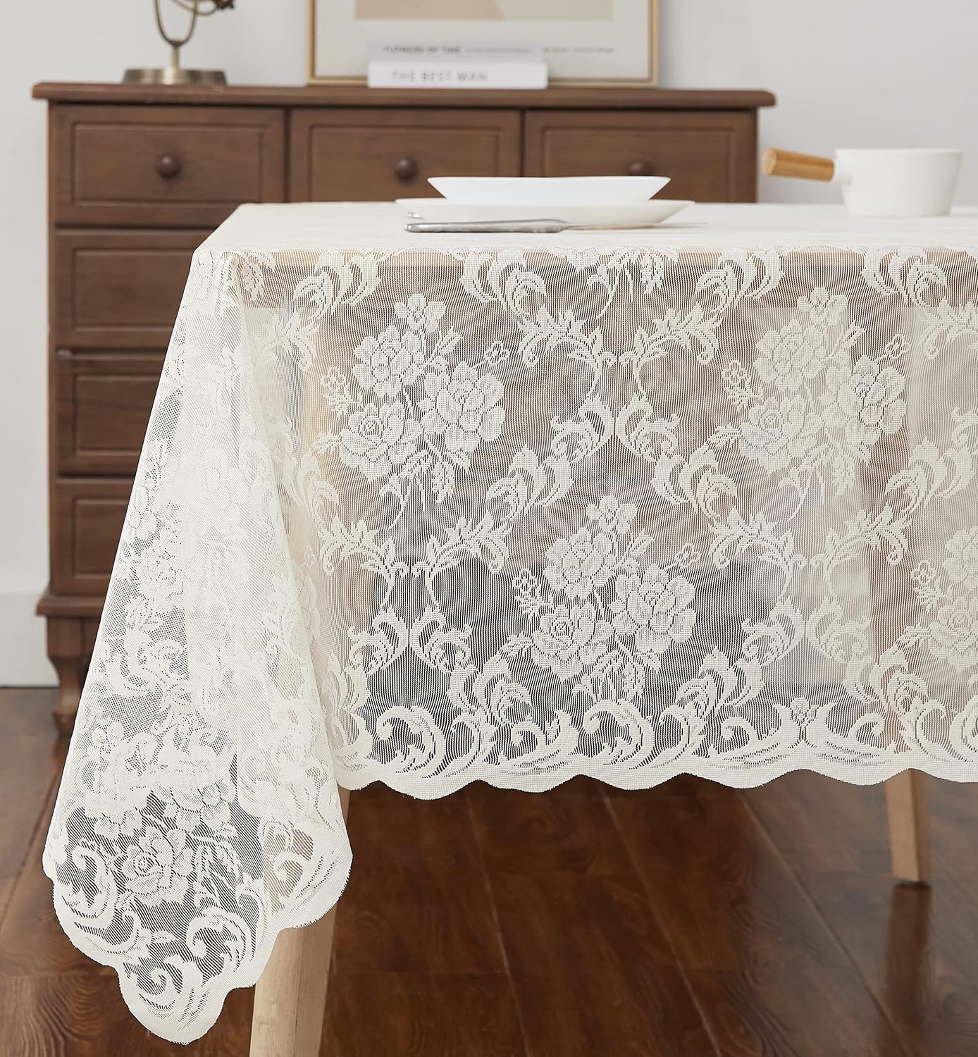 LinenZone Ivory Rectangle Tablecloth for Rustic Vintage Decor. Sheer Lace Works Great As Wedding, Thanksgiving or Christmas Tablecloth (Mia TC 60 x 84, Ivory)