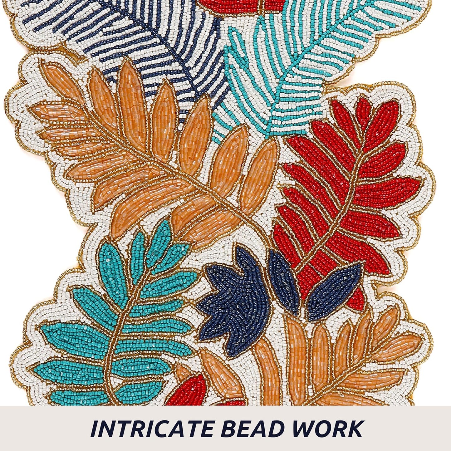 Beaded Table Runner 13x36 - Handmade Leaf Design, Glass Beads & Polyester Backing - Decorative Dining Table Centerpiece for Weddings, Parties, Thanksgiving, Christmas & Everyday Décor - CLEENTABLE