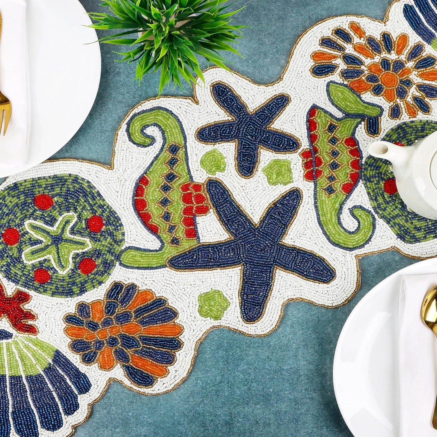 Handmade Beaded Coastal Table Runner -36" Ocean Theme Table Decor with Starfish, Seahorse, Coral, Shells -Nautical Table Centerpiece for Summer, Beach House, or Tropical Décor (Multi) - CLEENTABLE