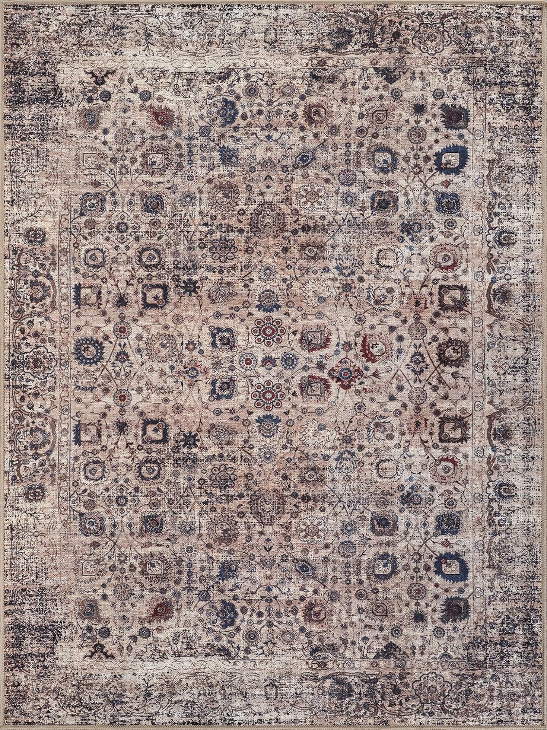 Bloom Rugs Washable Non-Slip 6' x 9' Rug - Light Tan/Blue Traditional Oriental Area Rug for Living Room, Bedroom, Dining Room, and Kitchen - Exact Size: 6' x 9'