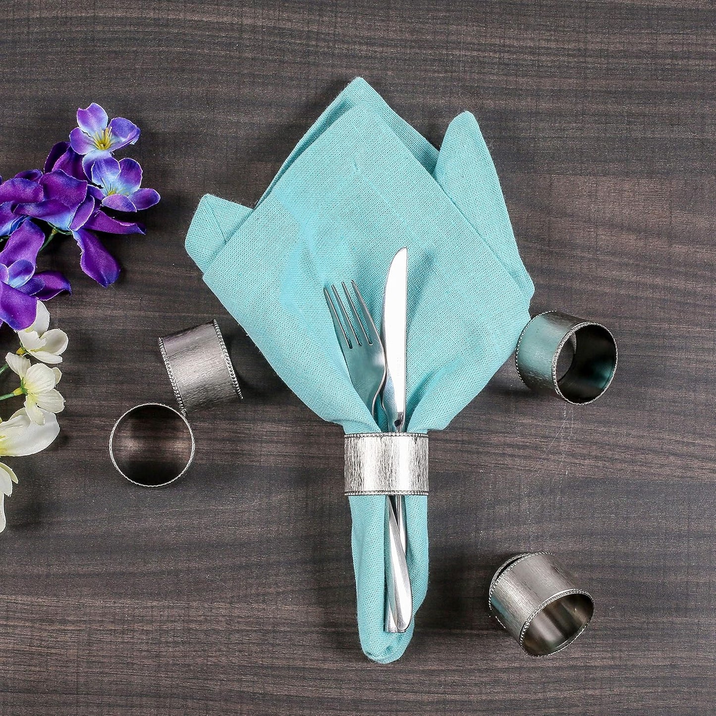 12 Pack Decorative Napkin Ring - Heavy Duty Metal Round Napkin Holders, Silver Electroplated Finish with Beaded Edge, Vintage Rustic Metal Napkin Rings for Dining, Weddings,Holidays - CLEENTABLE