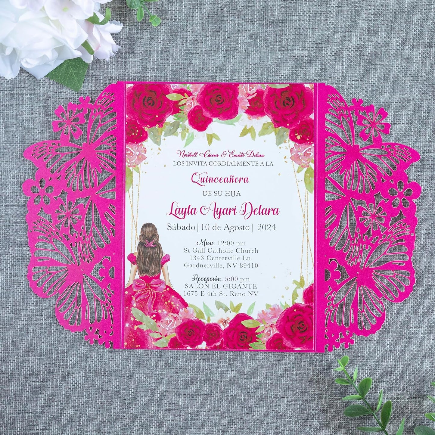 20 PCS 5.12x7.2 Butterfly Quinceanera Invitation, Laser Cut Wedding Invitation Cards with Envelopes for XV Anos Bridal Shower Baby Shower Invite (Fuchsia)