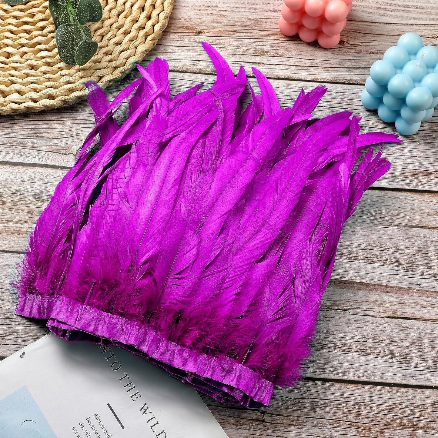 Holmgren Hot Pink Rooster Feather Trim - 10-12inch 2 Yards Natural Rooster Tail Feathers Fringe Trim for DIY Sewing Crafts, Feather Cape Shawl, Headdress, Party Cosplay Costumes Decoration (Hot Pink)