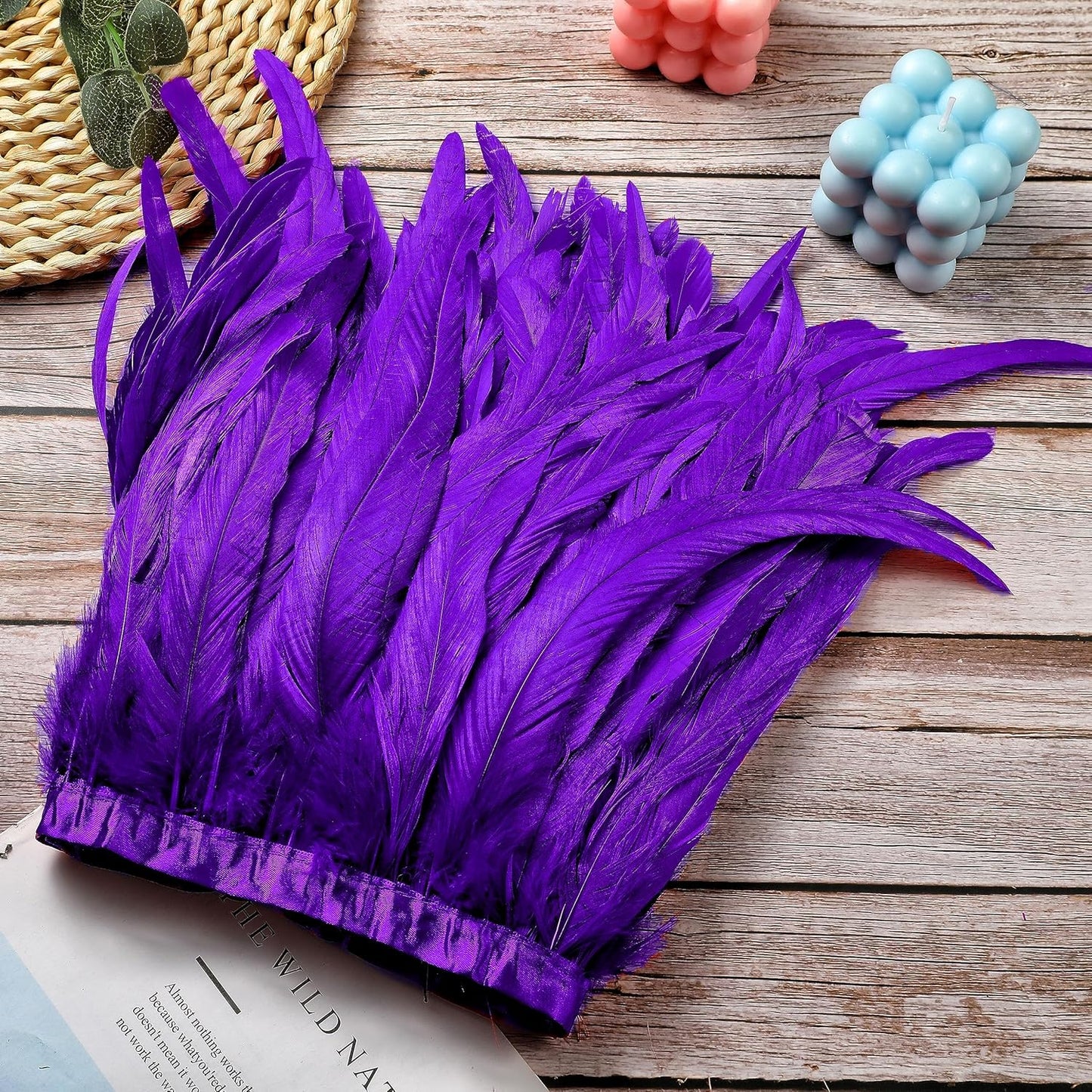 Holmgren Purple Rooster Feather Trim - 10-12inch 2 Yards Large Rooster Tail Feathers Fringe Trim for DIY Sewing Crafts, Feather Cape Shawl, Mardi Gras Party Costume Decoration (Purple)