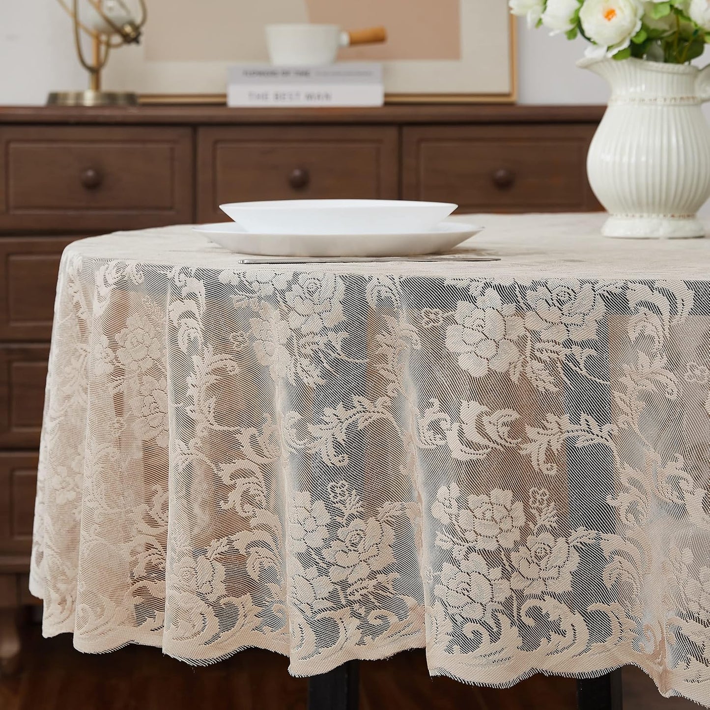 LinenZone Linen Oval Tablecloth for Rustic Vintage Decor - Sheer Lace Works Great as Wedding, Thanksgiving or Christmas Tablecloth (Mia Oval 84, Linen)