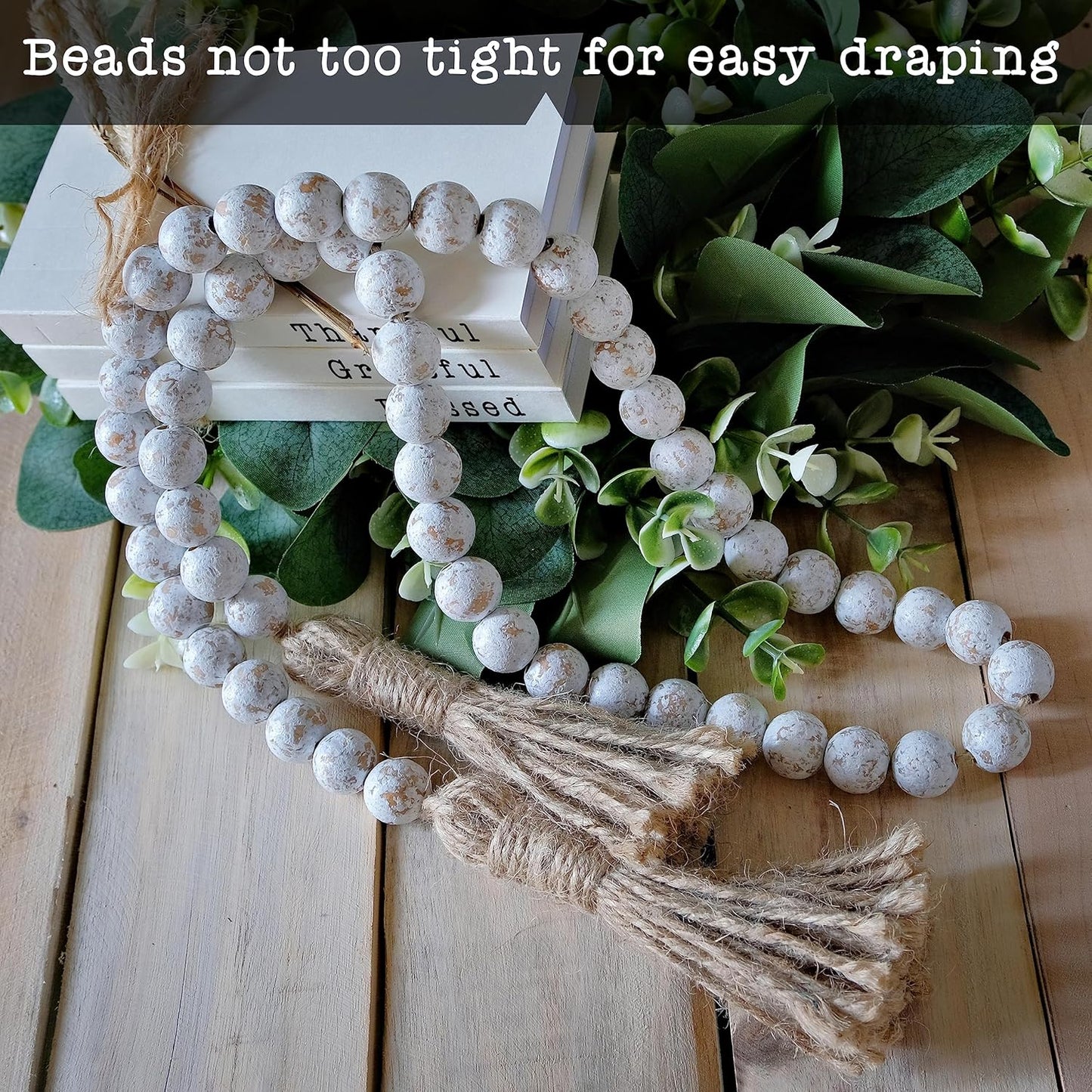 Farmhouse Wood Bead Garland Set of 2 with Tassels - Decorative Home Boho Beads