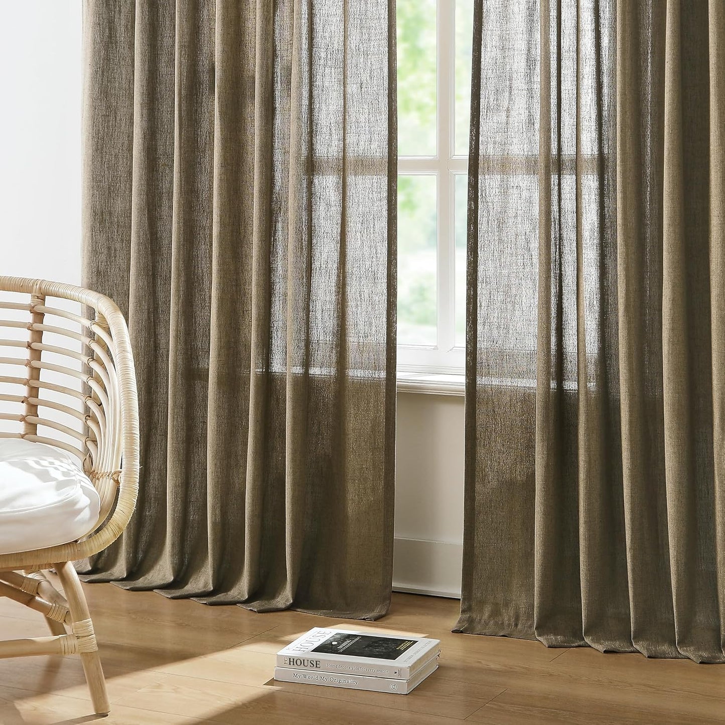 Vision Home Brown Pinch Pleated Semi Sheer Curtains Textured Linen Blended Light Filtering Window Curtains 90 inch for Living Room Bedroom Pinch Pleat Drapes with Hooks 2 Panels 40" Wx90 L