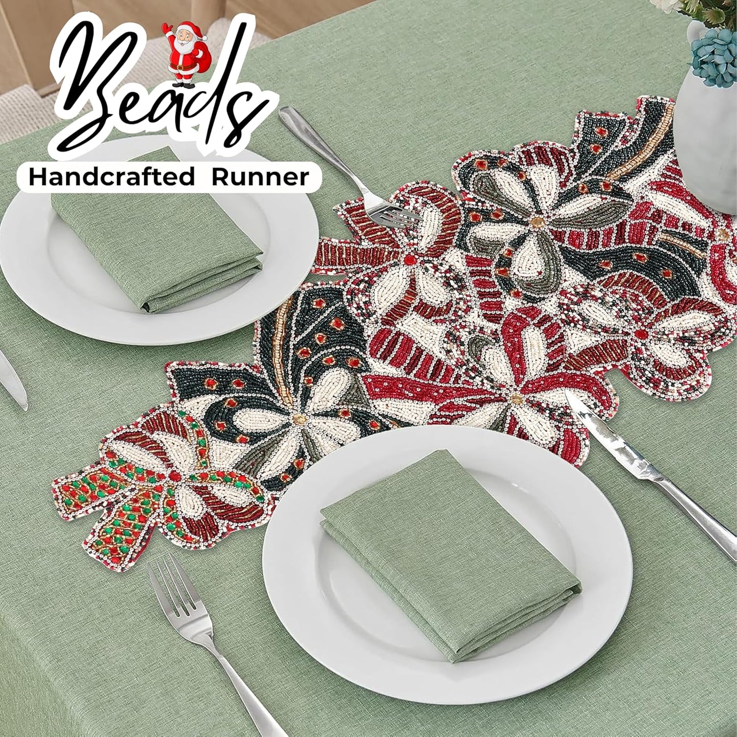 Elegant Glass Beads Table Runner 13x36 - Handcrafted Beaded Table Linen, Perfect for Weddings, Festive Celebrations, Dining Tables, Home Décor, and Everyday Use (Red White) - CLEENTABLE