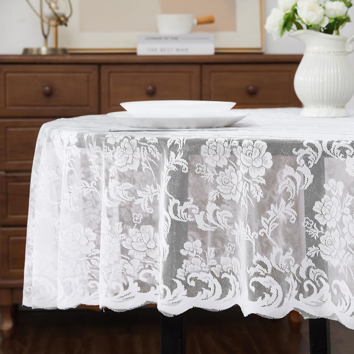 LinenZone White Round Tablecloth for Rustic Vintage Decor. Sheer Lace Table Cloth Works Great As Wedding Tablecloth or Thanksgiving Table Cover. (Mia 60 Round, White)