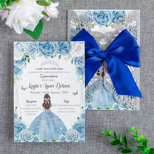 20 PCS 5.12x7.2 Butterfly Personalized Quinceanera Invitation, Customized XV Anos Laser Cut Invitation Cards with Envelopes (Silver Glitter Personalized)