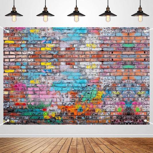Colorful Graffiti Brick Wall Backdrop Banner - Abstract Street Art Photography Background for Hip Hop Party, 80s 90s Disco, Birthday Wedding Decor, Studio Props & Booth Supplies 98x65 Inch