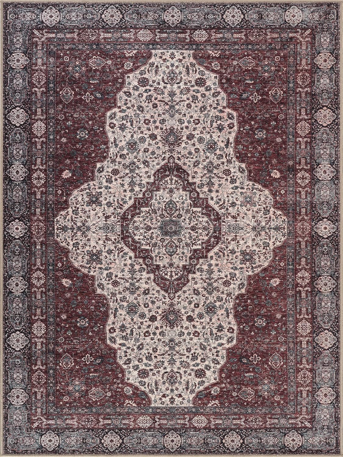 Bloom Rugs Washable Non-Slip 5' x 7' Rug - Red/Green/Cream Traditional Medallion Area Rug for Living Room, Bedroom, Dining Room, and Kitchen - Exact Size: 5' x 7'