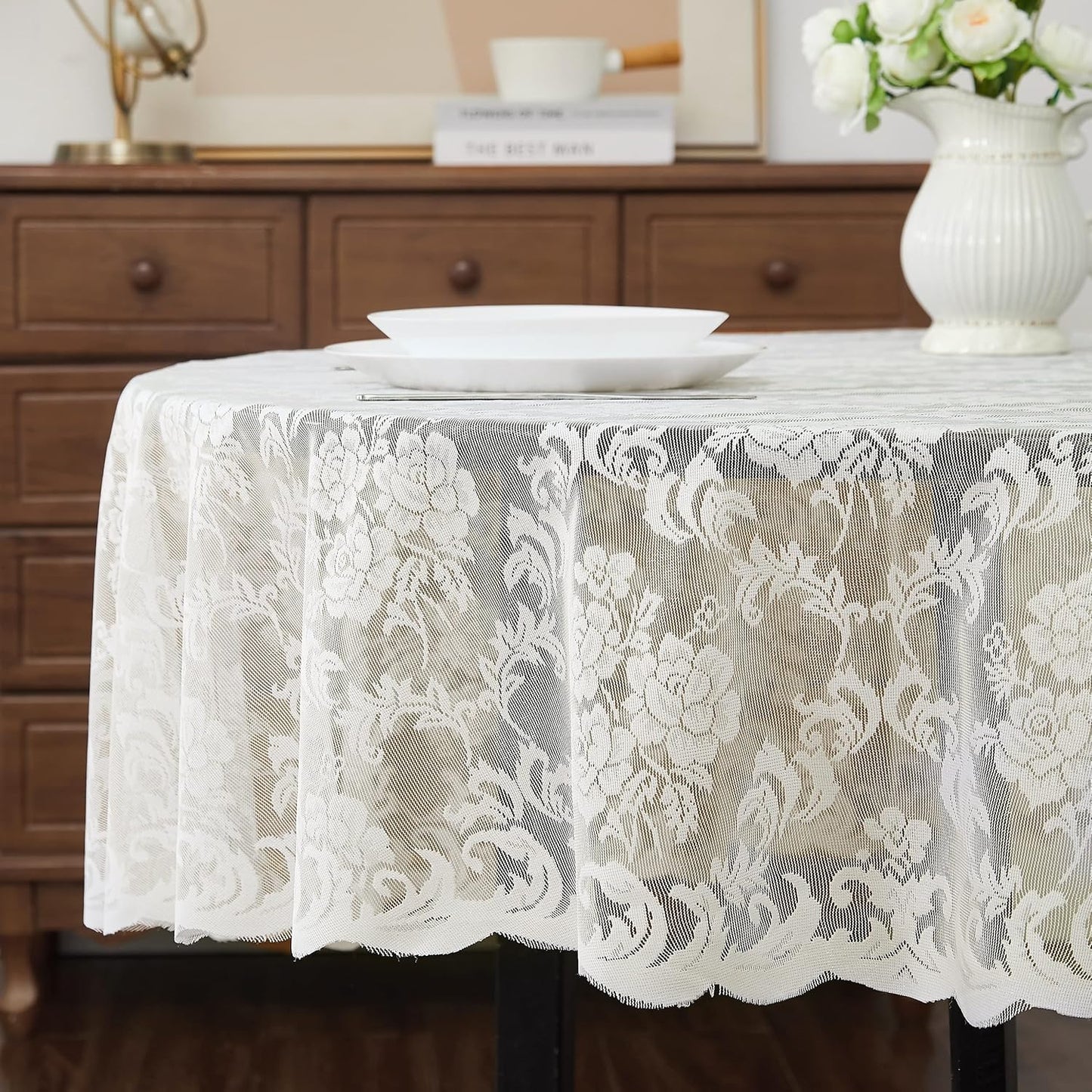 LinenZone Ivory Round Tablecloth for Rustic Vintage Decor. Sheer Lace Tablecloth Works Great As Wedding Table Cloth or Christmas Table Cover. (Mia 90 Round, Ivory)