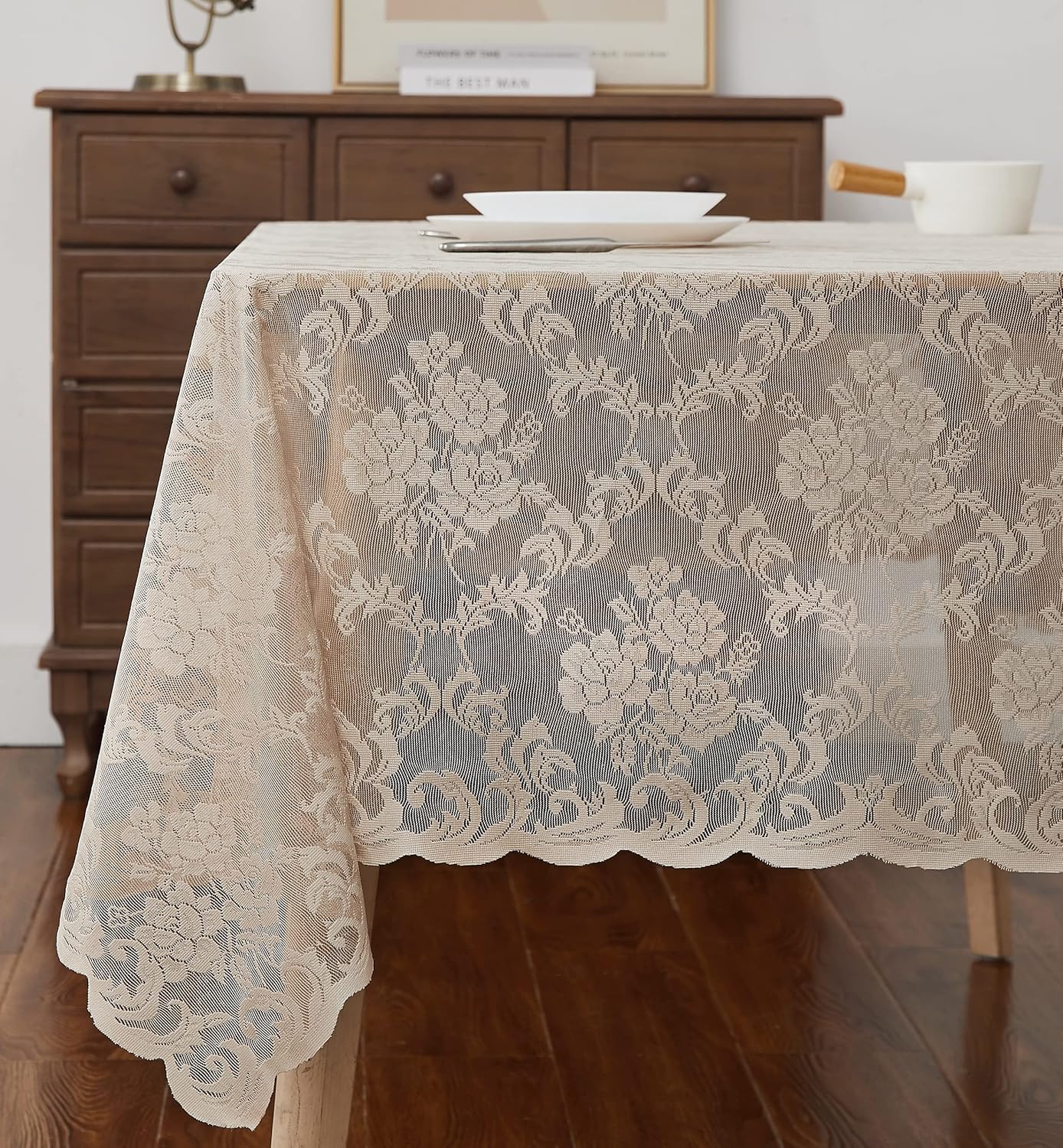 LinenZone Linen Rectangle Tablecloth for Rustic Vintage Decor. Sheer Lace Tablecloth Works Great As Wedding, Thanksgiving or Baby Shower Decor (Mia TC 54 x 72, Linen)